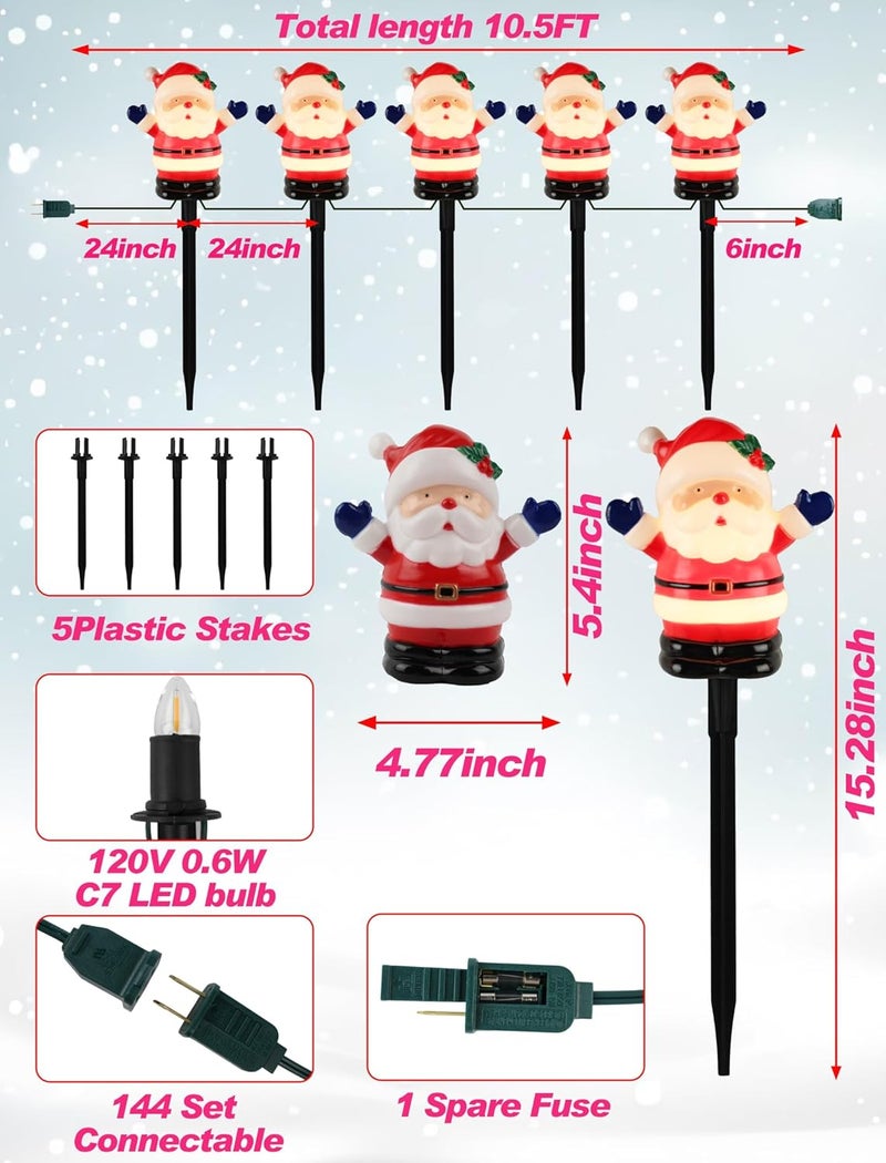 Adirxon Christmas Pathway Lights Outdoor (5 Pack), Bright Santa Claus Yard Stakes with C7 LED Bulbs, Heavy Duty Connectable Garden Stakes for Winter Holiday Lawn & Driveway Decorations (UL Listed) - Image 2
